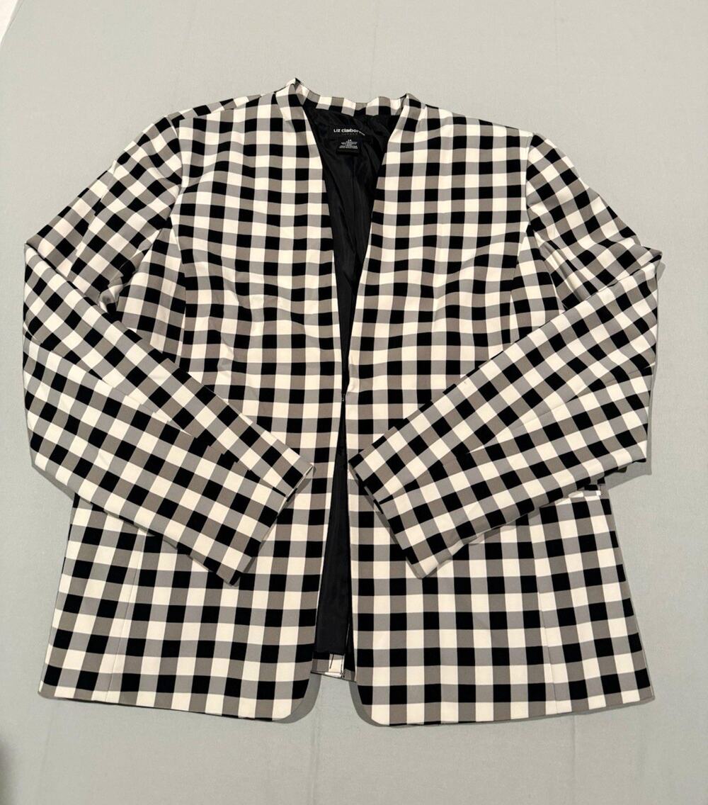 Liz Claiborne Career Womens 14 Black White Gingham Open Front Lined Jacket